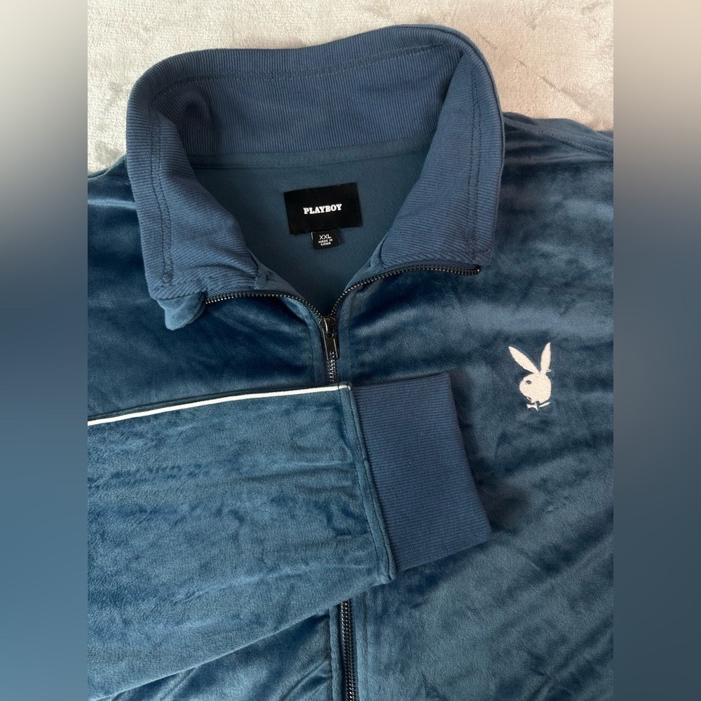 NWT Playboy Velour Track Jacket Men 2XL Navy Blue Full Zip Logo Striped Athletic